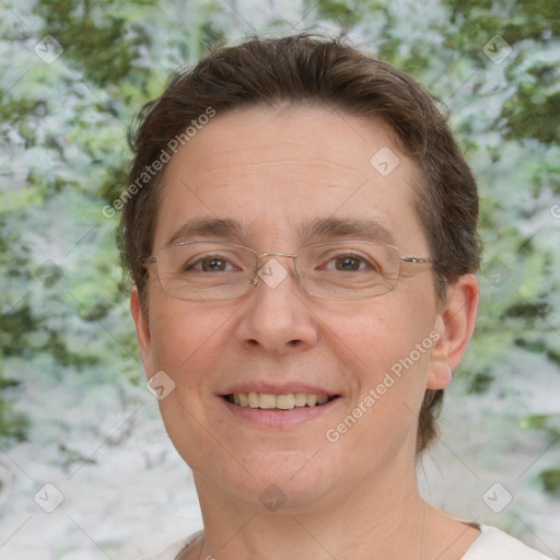 Joyful white adult female with short  brown hair and brown eyes