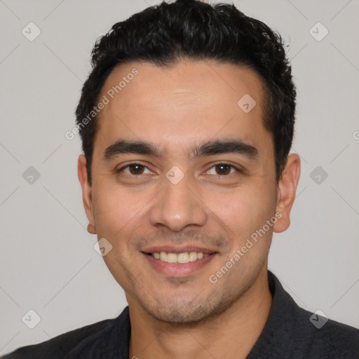 Joyful white young-adult male with short  black hair and brown eyes