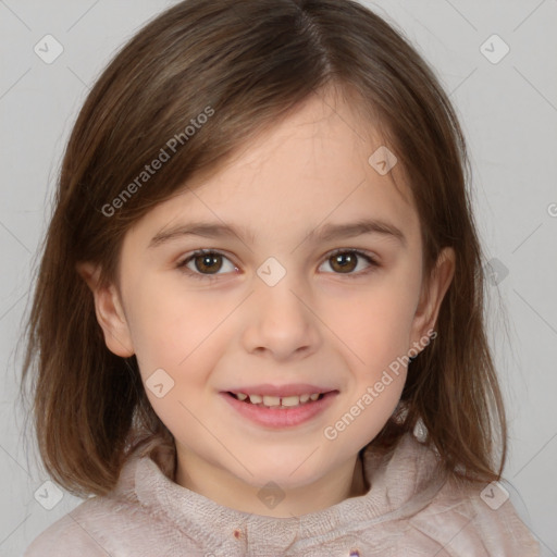 Joyful white child female with medium  brown hair and brown eyes