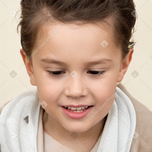 Joyful white child female with short  brown hair and brown eyes