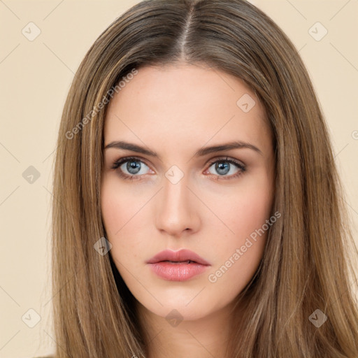 Neutral white young-adult female with long  brown hair and brown eyes