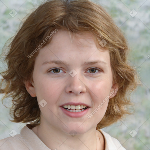 Joyful white child female with medium  brown hair and brown eyes