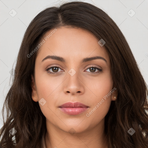 Neutral white young-adult female with long  brown hair and brown eyes