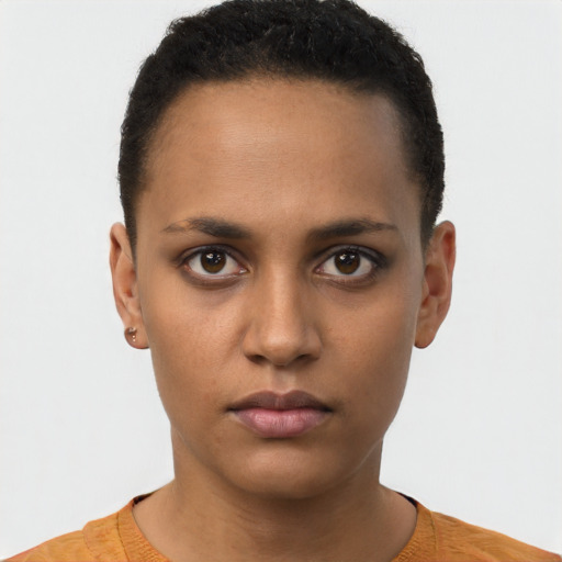 Neutral black young-adult female with short  brown hair and brown eyes