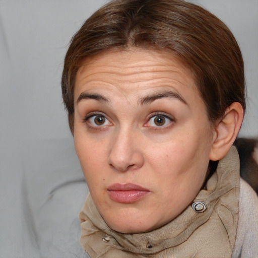 Joyful white adult female with medium  brown hair and grey eyes