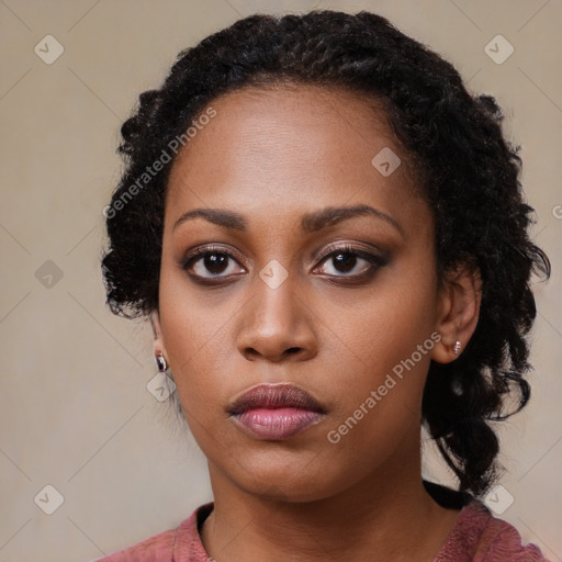 Neutral black young-adult female with medium  black hair and brown eyes