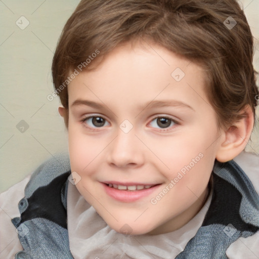 Joyful white child female with short  brown hair and grey eyes