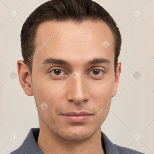 Neutral white young-adult male with short  brown hair and brown eyes