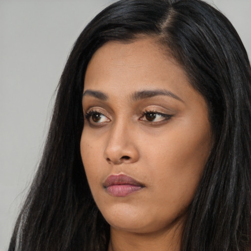 Neutral asian young-adult female with long  black hair and brown eyes