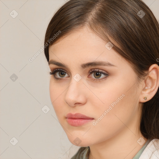 Neutral white young-adult female with medium  brown hair and brown eyes