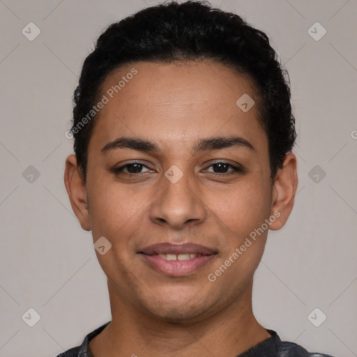 Joyful latino young-adult female with short  black hair and brown eyes