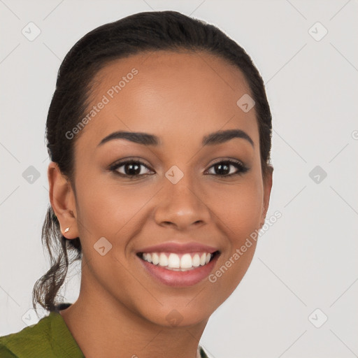 Joyful latino young-adult female with short  brown hair and brown eyes