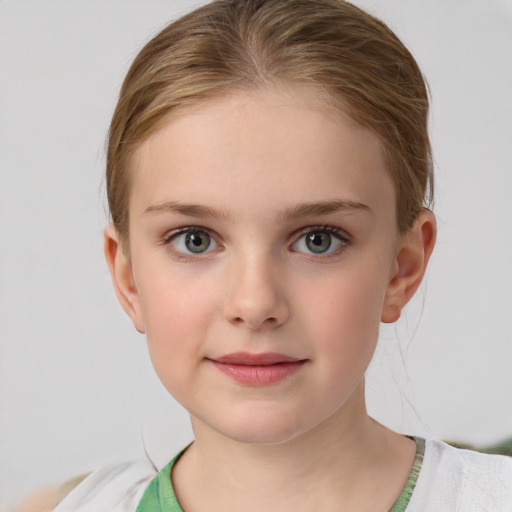 Joyful white child female with medium  brown hair and grey eyes