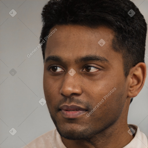 Neutral black young-adult male with short  black hair and brown eyes