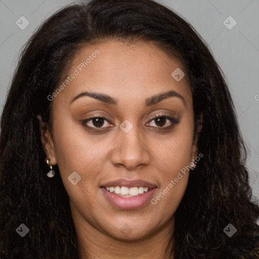 Joyful latino young-adult female with long  brown hair and brown eyes