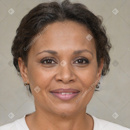 Joyful white adult female with short  brown hair and brown eyes