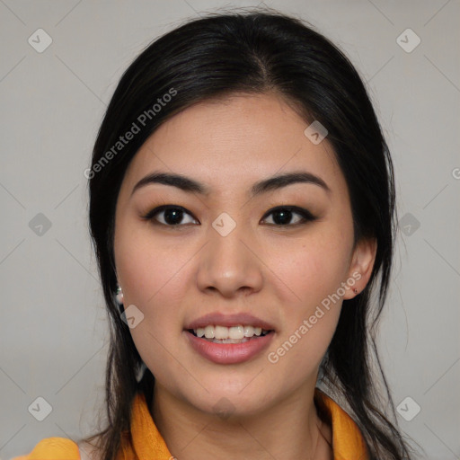 Joyful asian young-adult female with medium  black hair and brown eyes