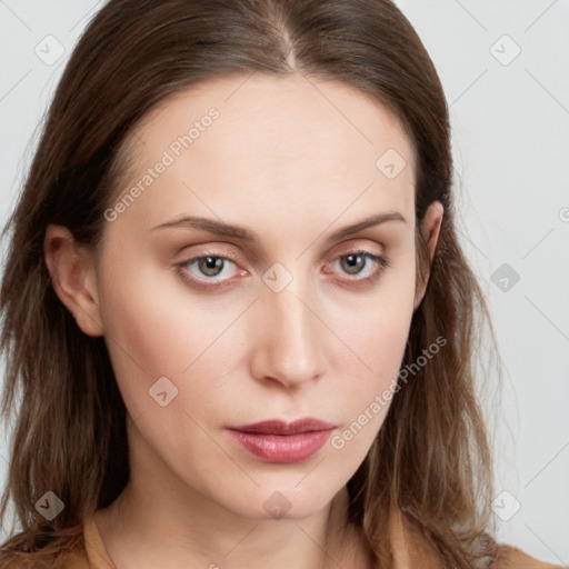 Neutral white young-adult female with long  brown hair and grey eyes