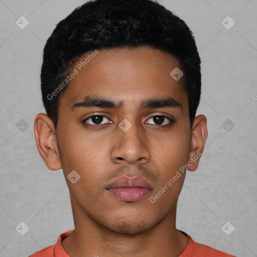 Neutral latino young-adult male with short  black hair and brown eyes