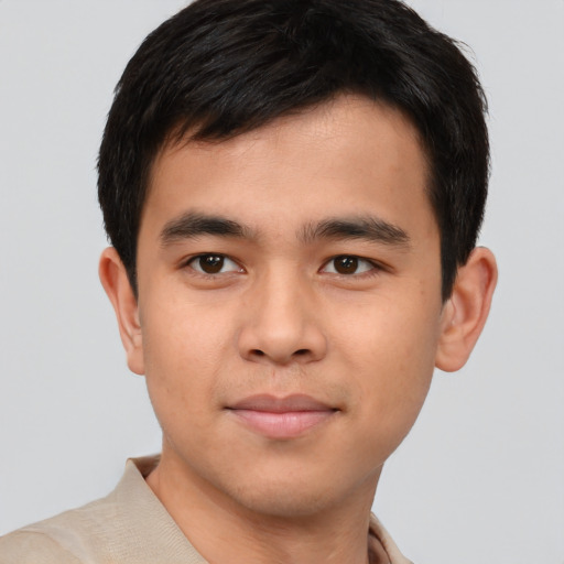 Neutral asian young-adult male with short  brown hair and brown eyes