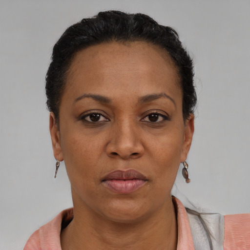 Joyful black adult female with short  brown hair and brown eyes