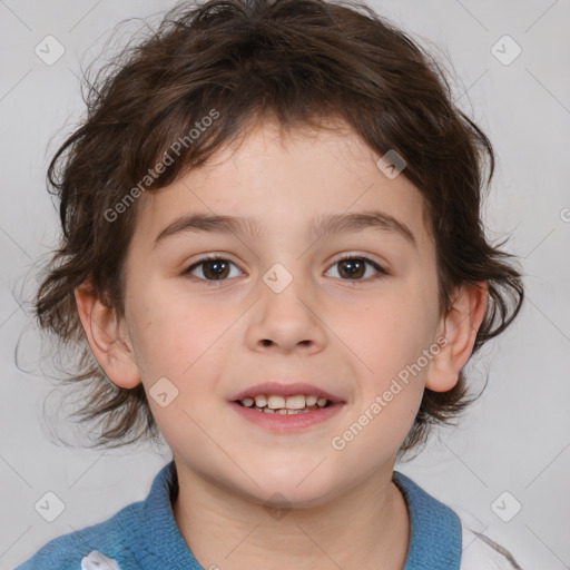 Joyful white child female with medium  brown hair and brown eyes