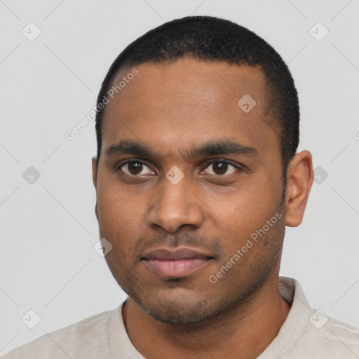 Neutral black young-adult male with short  black hair and brown eyes
