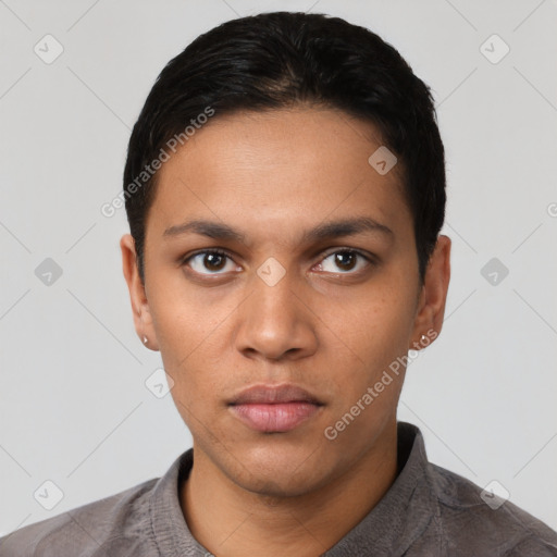 Neutral latino young-adult male with short  black hair and brown eyes