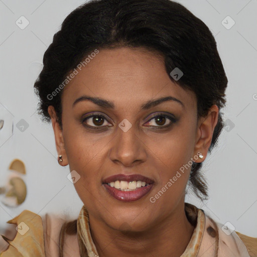 Joyful black young-adult female with medium  brown hair and brown eyes