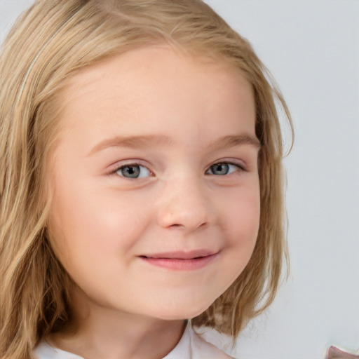 Joyful white child female with long  brown hair and blue eyes