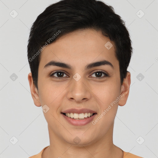 Joyful white young-adult female with short  brown hair and brown eyes