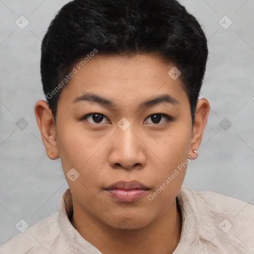 Neutral asian young-adult male with short  black hair and brown eyes