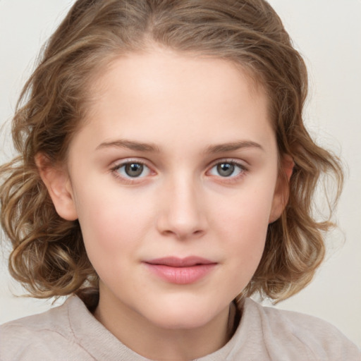 Joyful white child female with medium  brown hair and brown eyes