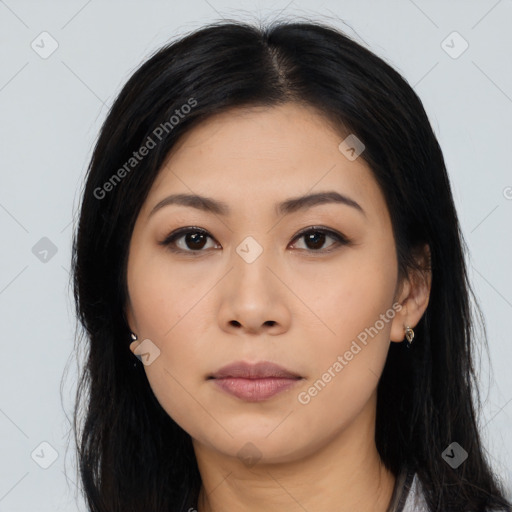 Neutral asian young-adult female with long  black hair and brown eyes