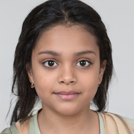 Neutral latino child female with medium  brown hair and brown eyes