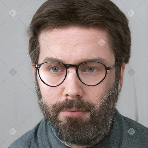 Neutral white adult male with short  brown hair and blue eyes