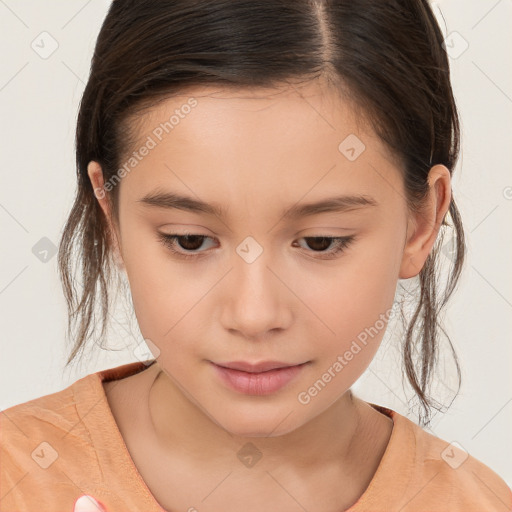 Joyful white child female with medium  brown hair and brown eyes