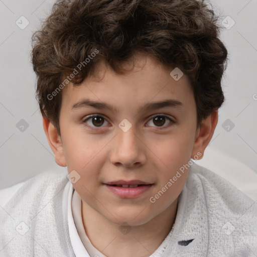 Joyful white child male with short  brown hair and brown eyes