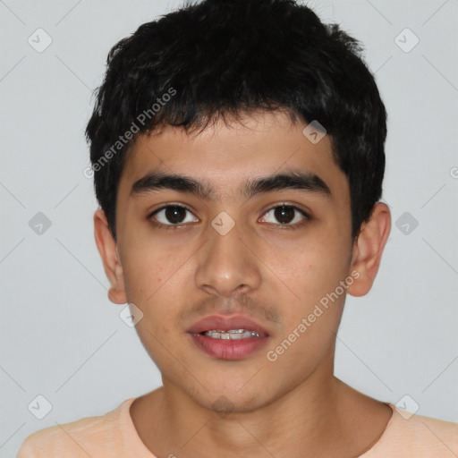 Neutral latino young-adult male with short  black hair and brown eyes