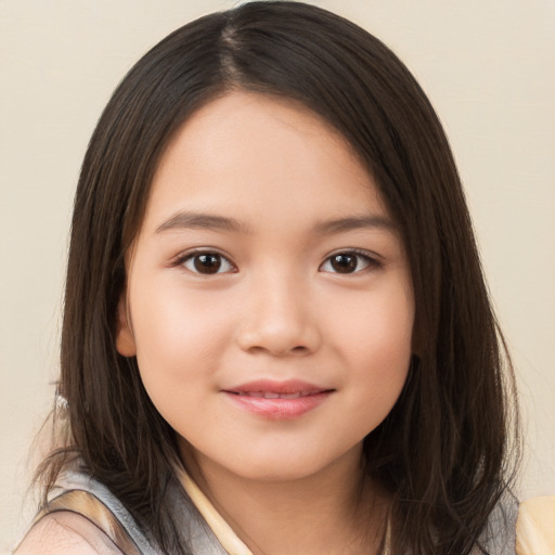 Joyful white child female with medium  brown hair and brown eyes