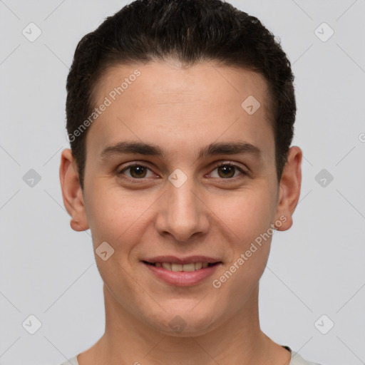 Joyful white young-adult male with short  brown hair and brown eyes