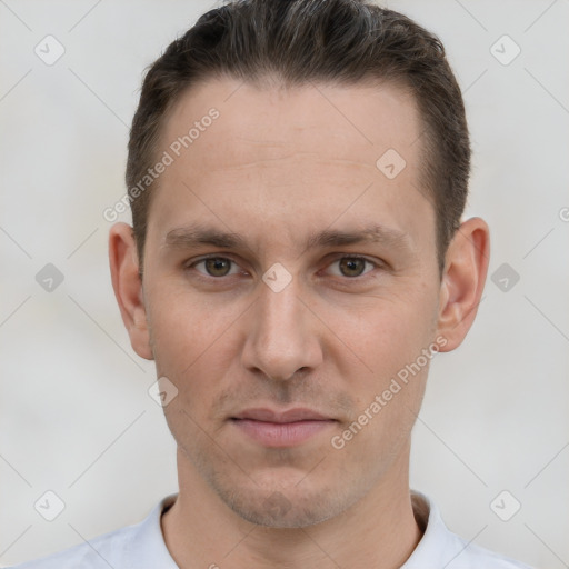 Neutral white adult male with short  brown hair and brown eyes