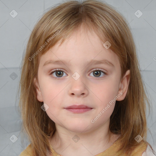 Neutral white child female with medium  brown hair and blue eyes