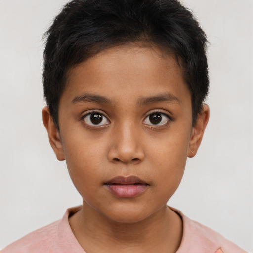 Neutral latino child female with short  brown hair and brown eyes