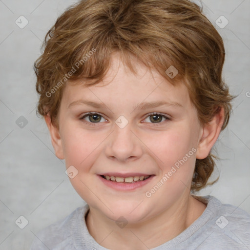 Joyful white child female with medium  brown hair and brown eyes