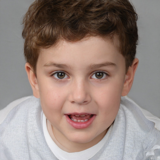 Joyful white child male with short  brown hair and blue eyes