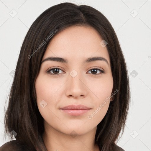 Neutral white young-adult female with long  brown hair and brown eyes