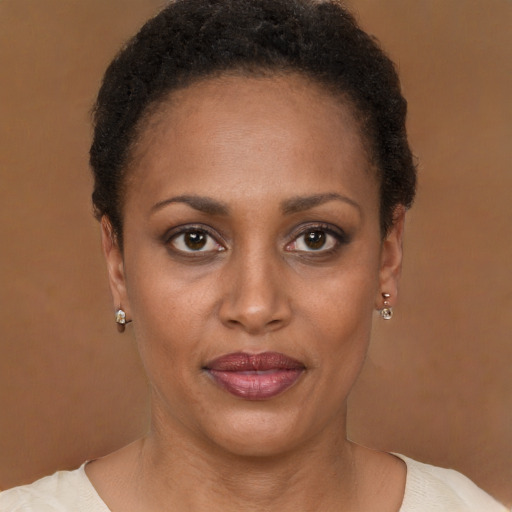 Joyful black adult female with short  brown hair and brown eyes