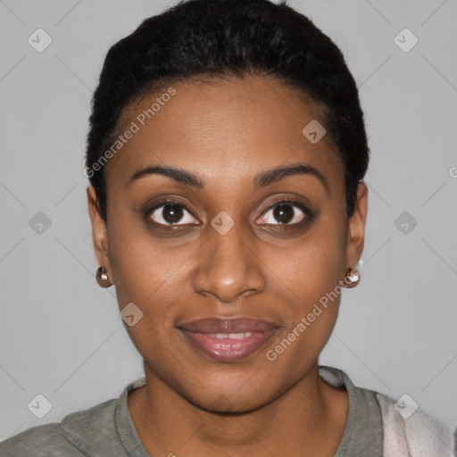 Joyful black young-adult female with short  black hair and brown eyes