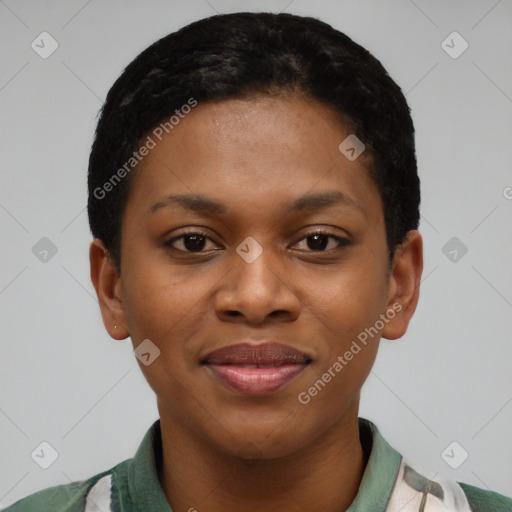 Joyful black young-adult female with short  black hair and brown eyes